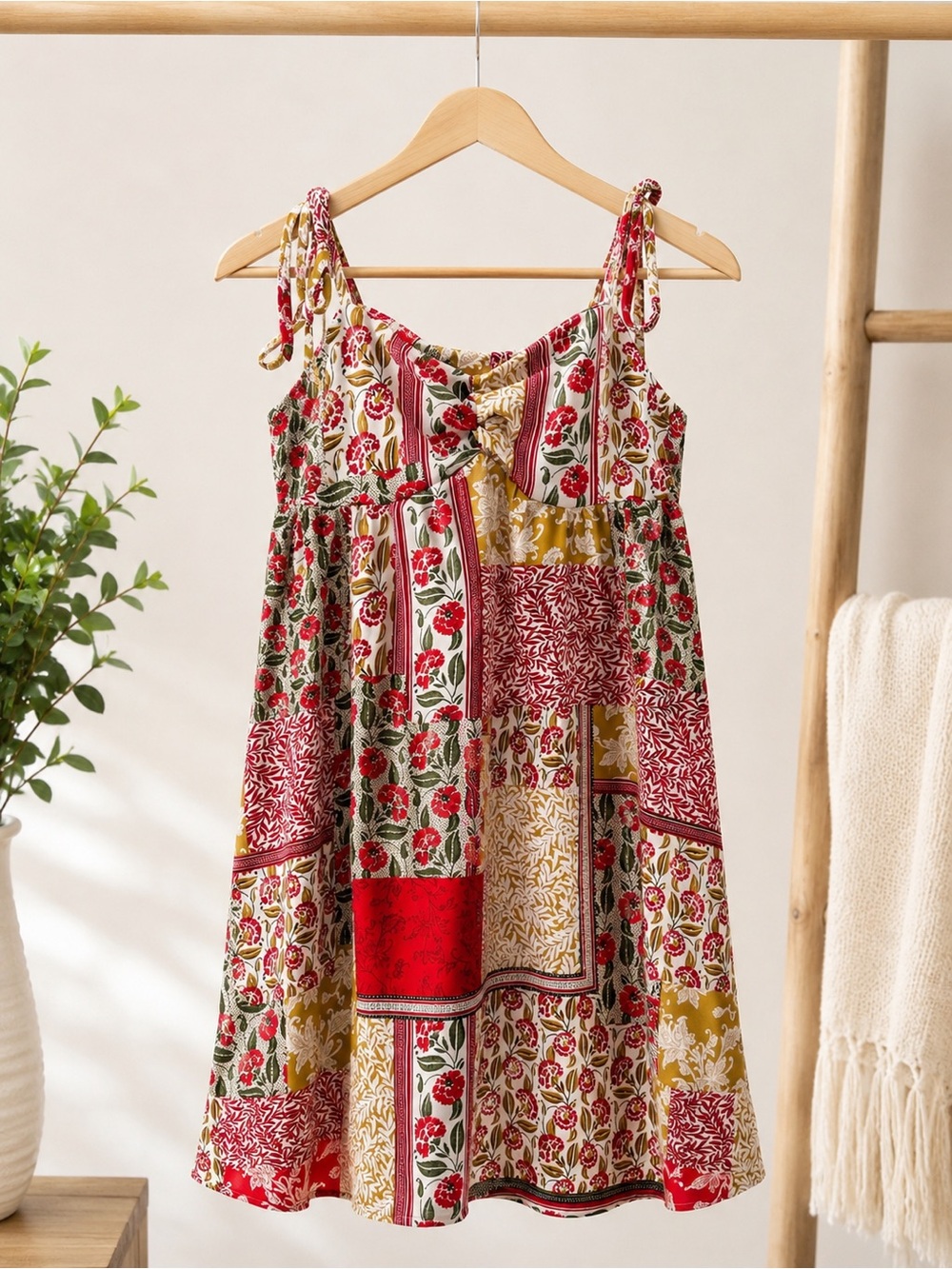 Floral Patchwork Tie-Shoulder Cami Top/Dress - Red & Mustard
